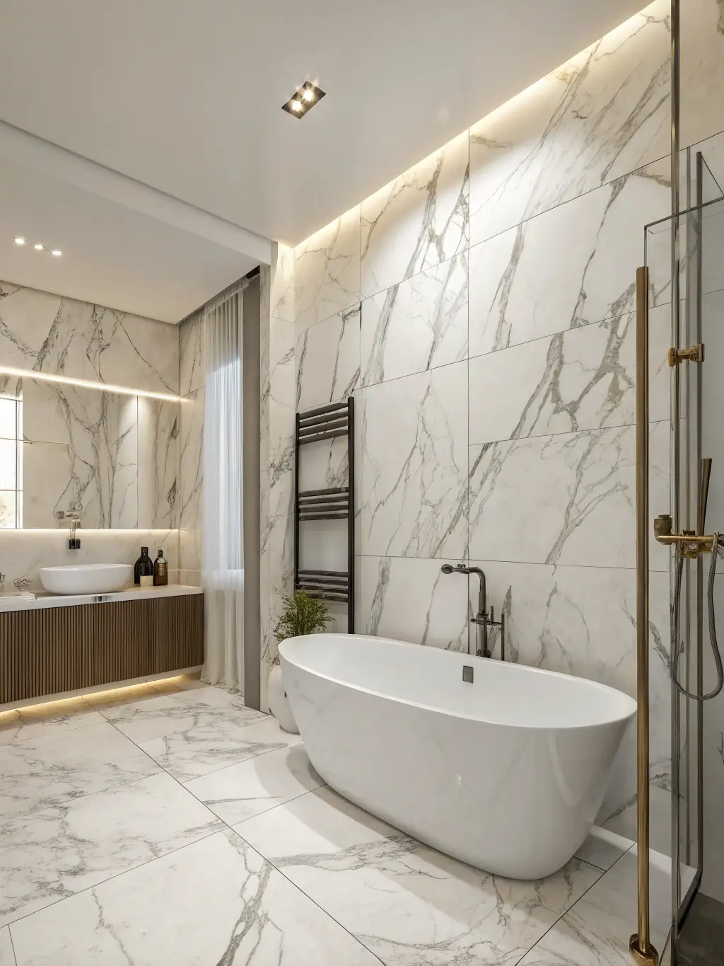 A modern, stylish bathroom with marble accents and innovative fixtures, reflecting the high-quality design and functionality provided by MBH - Marble, Covering, Houses.