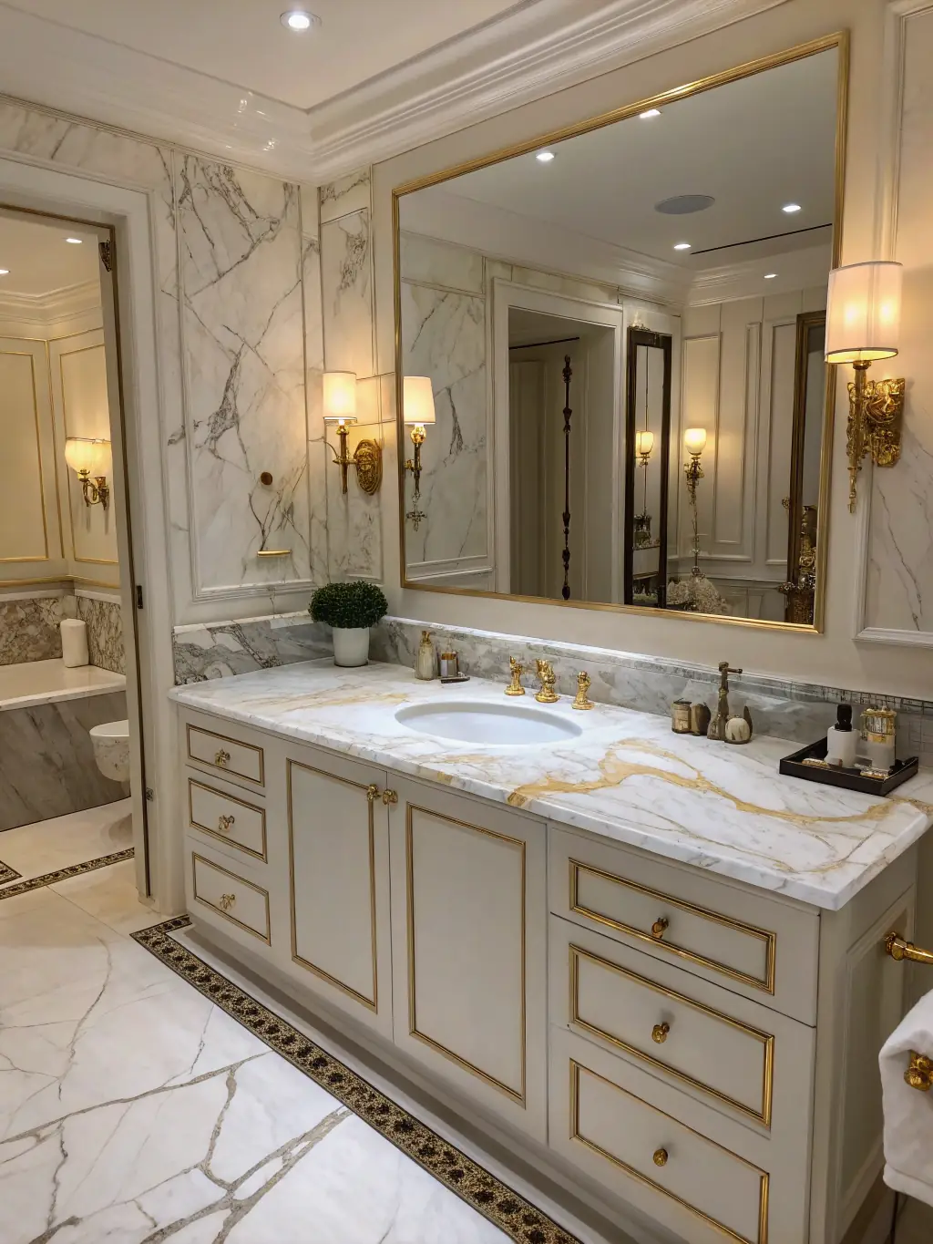 A close-up image of a beautifully tiled bathroom floor with marble accents, showcasing the intricate details and luxurious feel of the materials used by MBH - Marble, Covering, Houses.