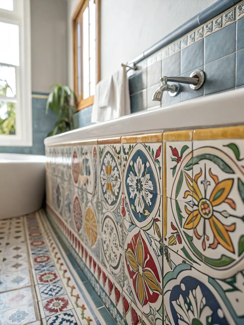 A detailed close-up shot of meticulously laid tiles in a modern bathroom, focusing on the precision of the grout lines and the seamless integration of different tile patterns, showcasing the quality of the workmanship.