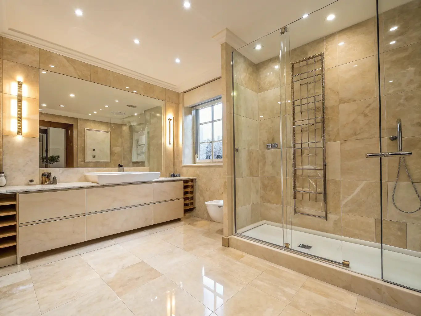 A modern bathroom design with sleek fixtures and elegant tiling, representing MBH's innovative bathroom design solutions.