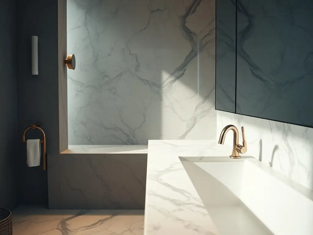A luxurious bathroom featuring marble walls and flooring, showcasing MBH's expertise in high-end bathroom renovations.