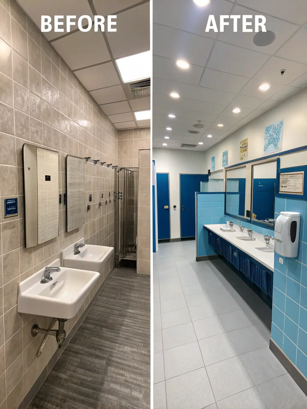 A before-and-after image showcasing a bathroom renovation project, with the 'before' image showing an outdated bathroom and the 'after' image displaying a modern, stylish bathroom with new fixtures and design elements.